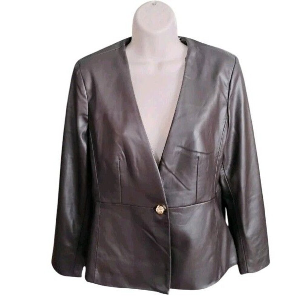 Elie Tahari Chocolate Brown Faux Leather Peplum Jacket 12 Petite Gold Button NWT